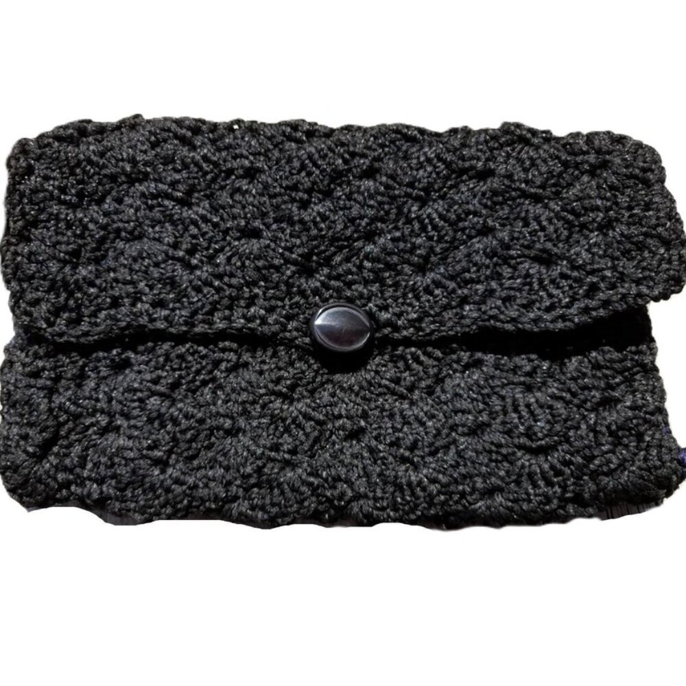 Vintage 60s Black Crocheted Clutch Purse Handmade Pouch Acrylic Phentex